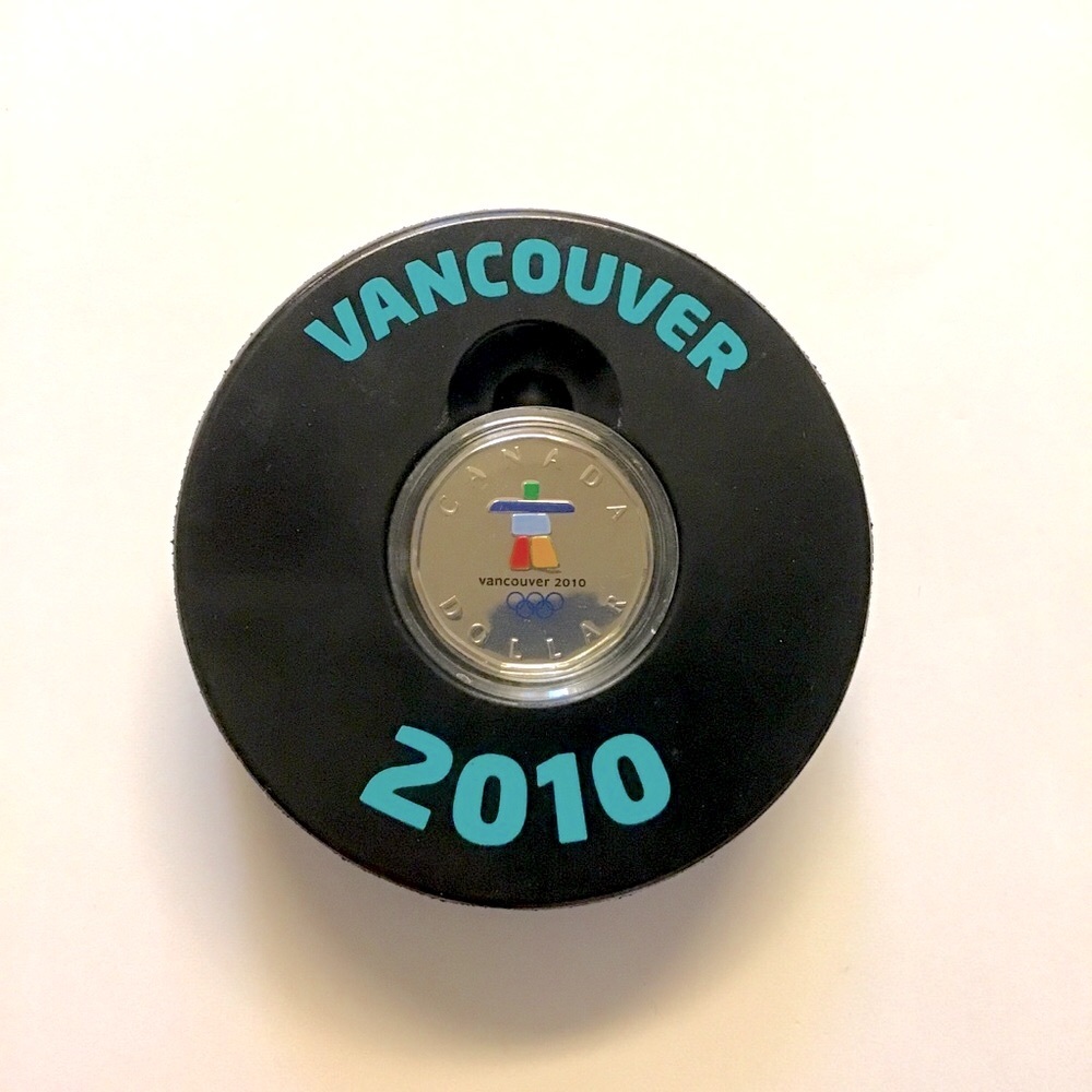 Vancouver 2010 Olympic Collectible Black Souvenir Puck With Lucky Loonie